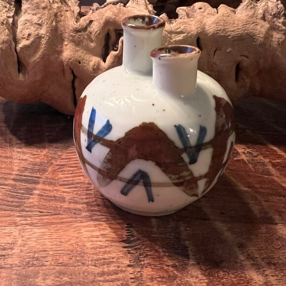 Vintage Bohemian Japanese Stoneware Double Bud Vase With Abstract Brown & Blue D - Picture 5 of 9